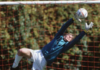 goalie taking a dive to protect the net from a shot