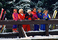 group of cross country skiers stopping to enjoy the view on a snow covered bridge