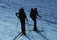 a couple on cross country skis stopping a moment to take in the view