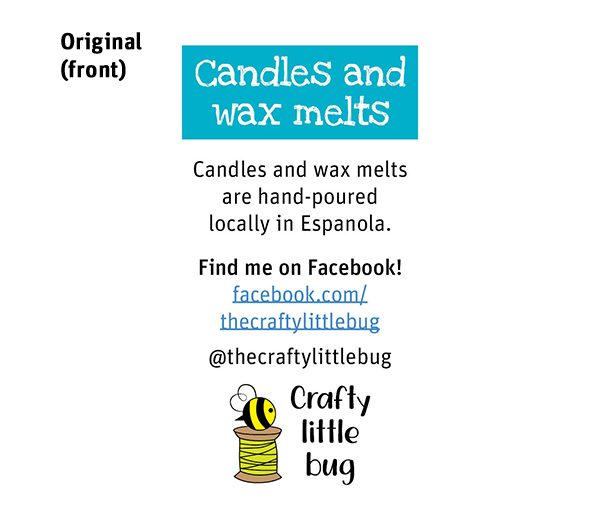 Business card: Candles and wax melts, original (front)