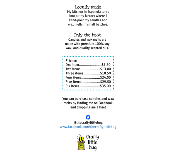 Rack card: Candles and wax melts, updated (back)