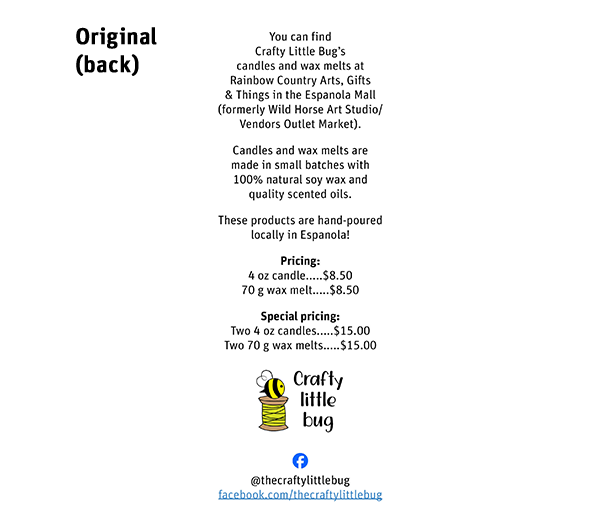 Rack card: Candles and wax melts, original (back)