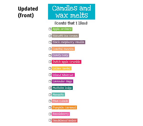 Rack card: Candles and wax melts, updated (front)