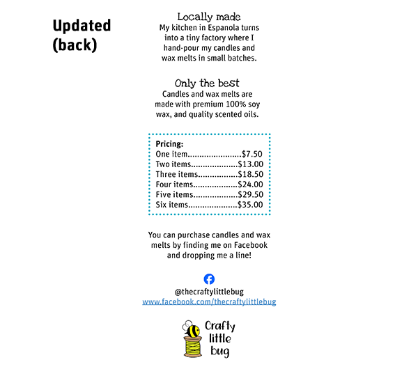 Rack card: Candles and wax melts, updated (back)