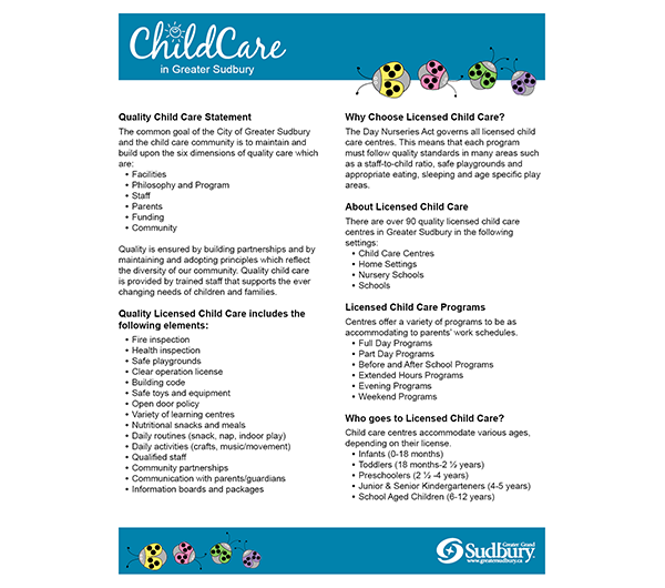 Factsheet: Licensed child care in Greater Sudbury (page 1 of 2)